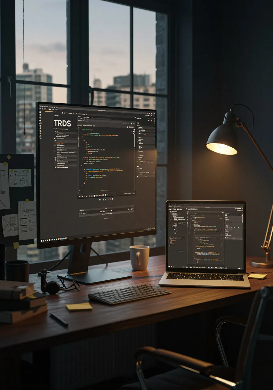 a tall vertical monitor and a laptop. The monitor displays a productivity dashboard with calendars emails
