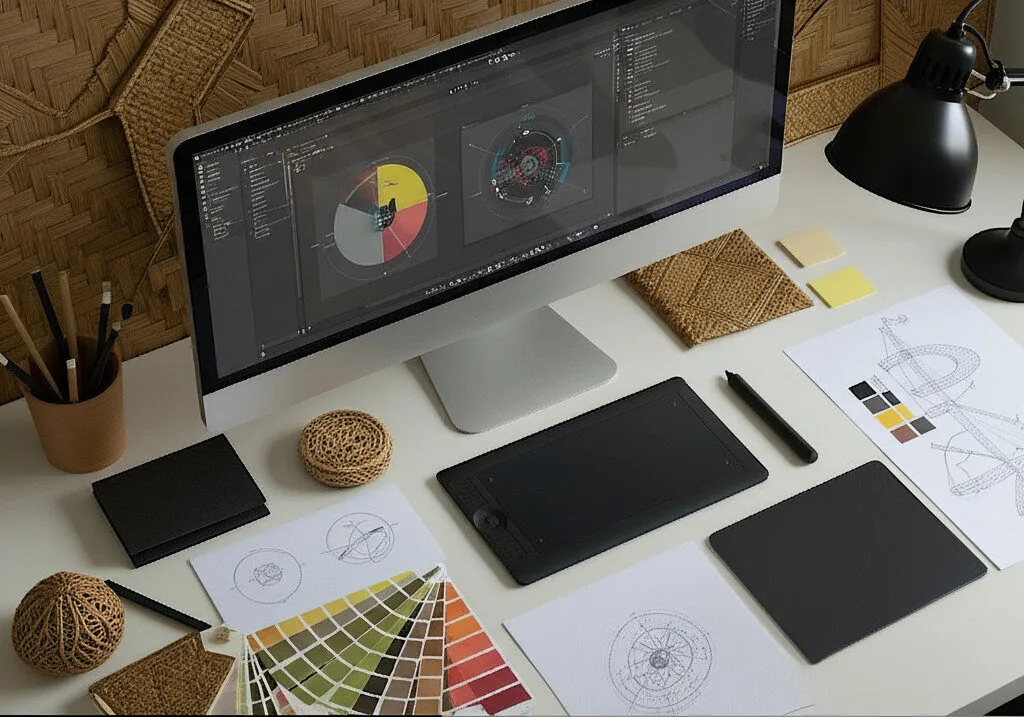 Professional Graphics Design Services - designer workspace with creative tools and brand identity projects
