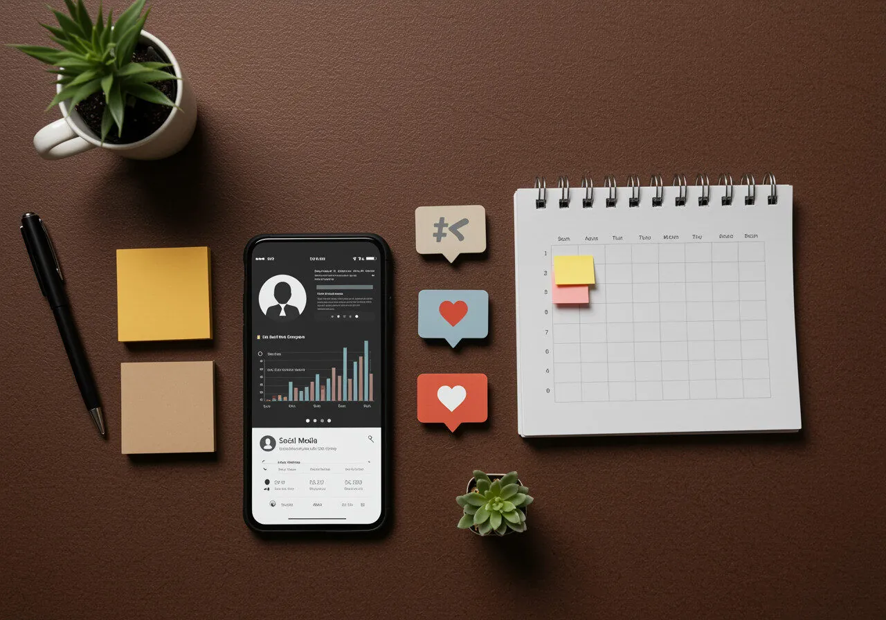 Professional Social Media Management Services - workspace with content creation tools, analytics dashboards, and community engagement