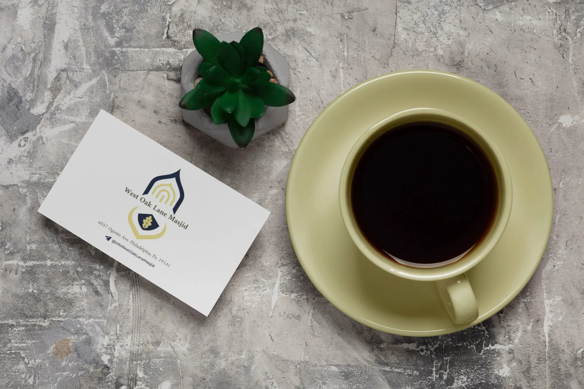 West Oak Lane Masjid logo on coffee cup and business card mockup